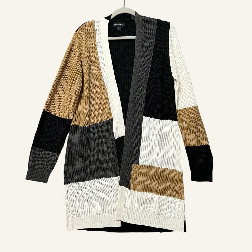 Fortune + Ivy Color Block Cardigan Size Large Black Tan Open Front Longline